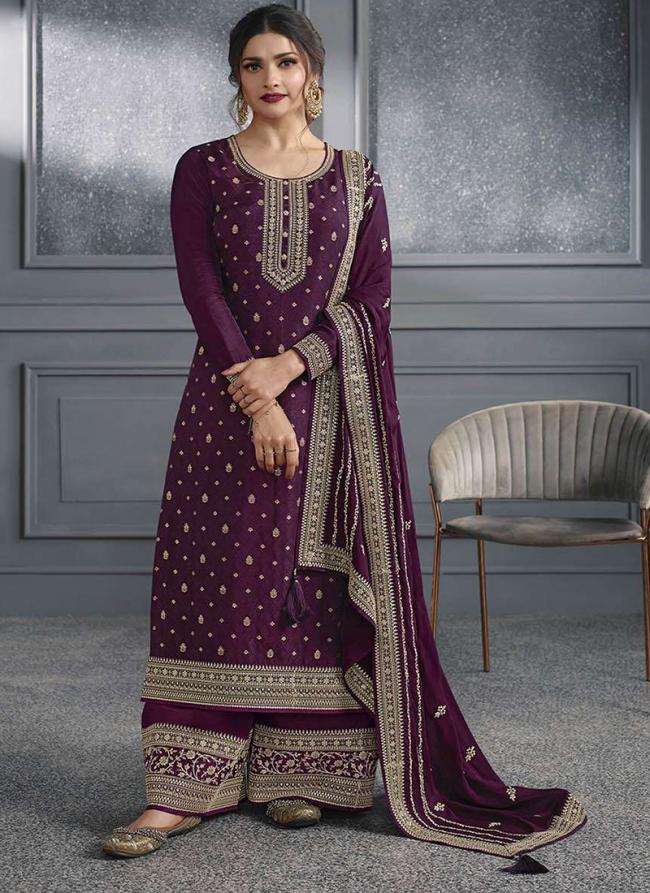 Dola Silk Wine Wedding Wear Embroidery Work Plazzo Suit